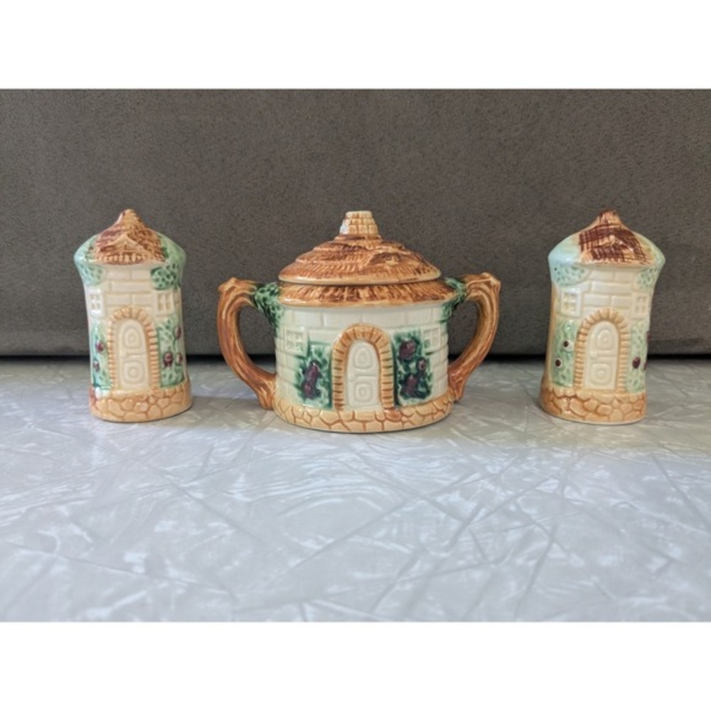 Vintage Majolica Japan Cottage Ware Sugar Bowl and Salt & Pepper Shaker Set
